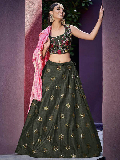 Graceful Olive Green Sequinced Art Silk festive Lehenga Choli with shrug